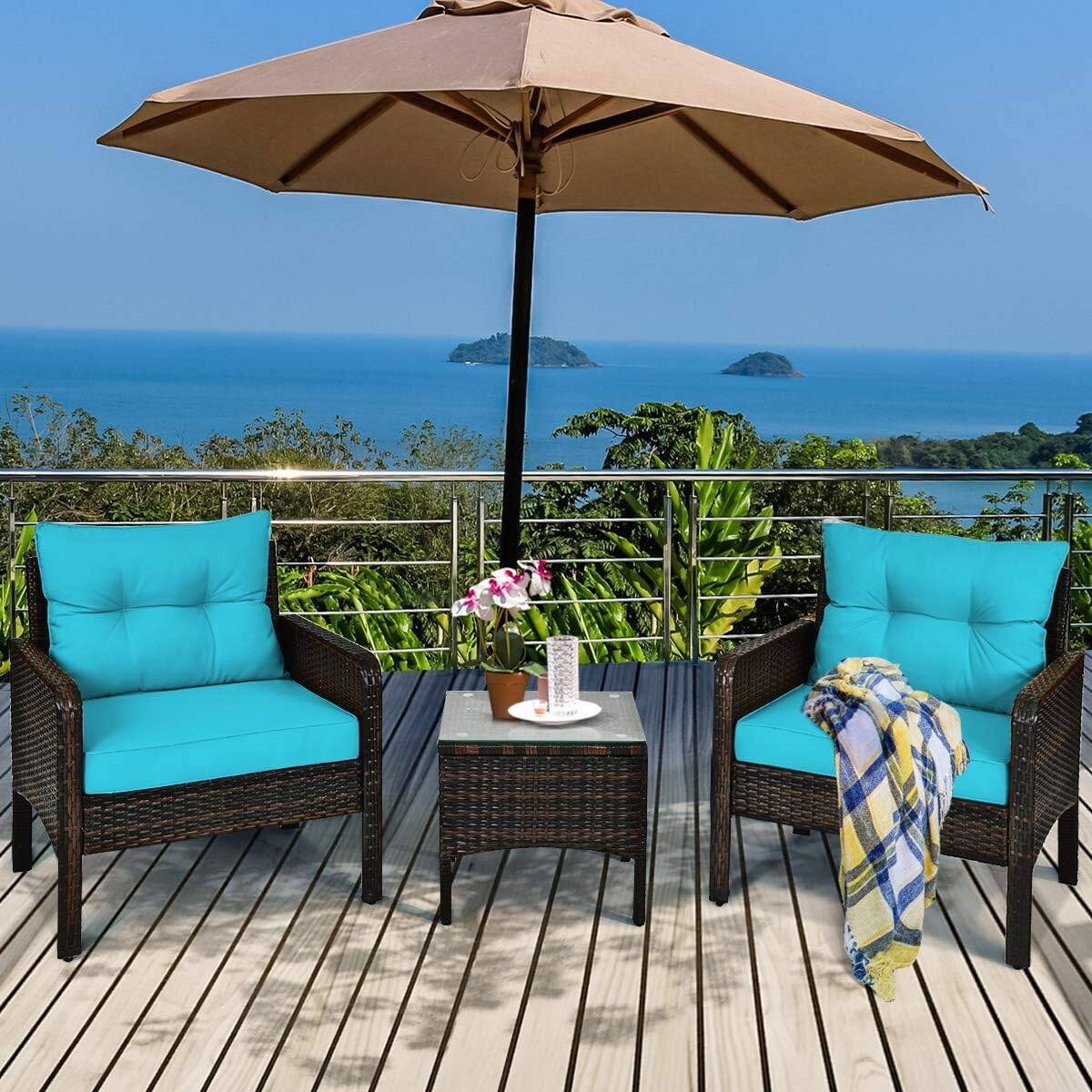 3-Piece Brown PE Rattan Patio Furniture Set with Turquoise Cushions