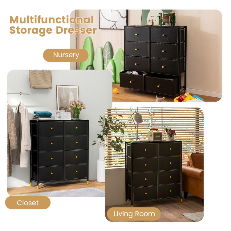 Black PU Leather Fabric Dresser with 8 Drawers and Metal Frame Storage Chest