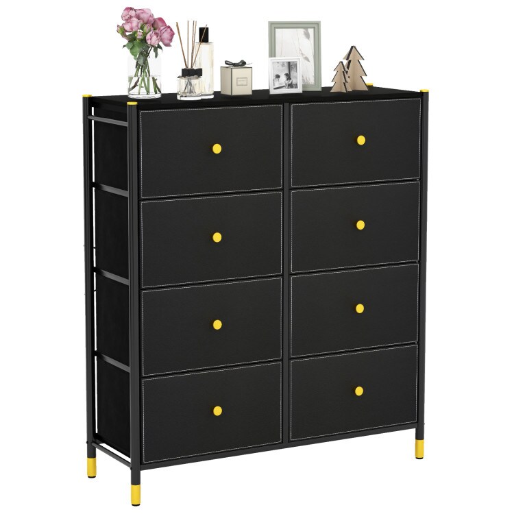 Black PU Leather Fabric Dresser with 8 Drawers and Metal Frame Storage Chest