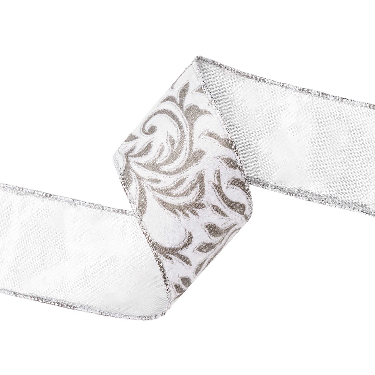 LaRibbons 2 1/2" Wired Ribbon "Scroll" White/Silver, 10 Yard Roll