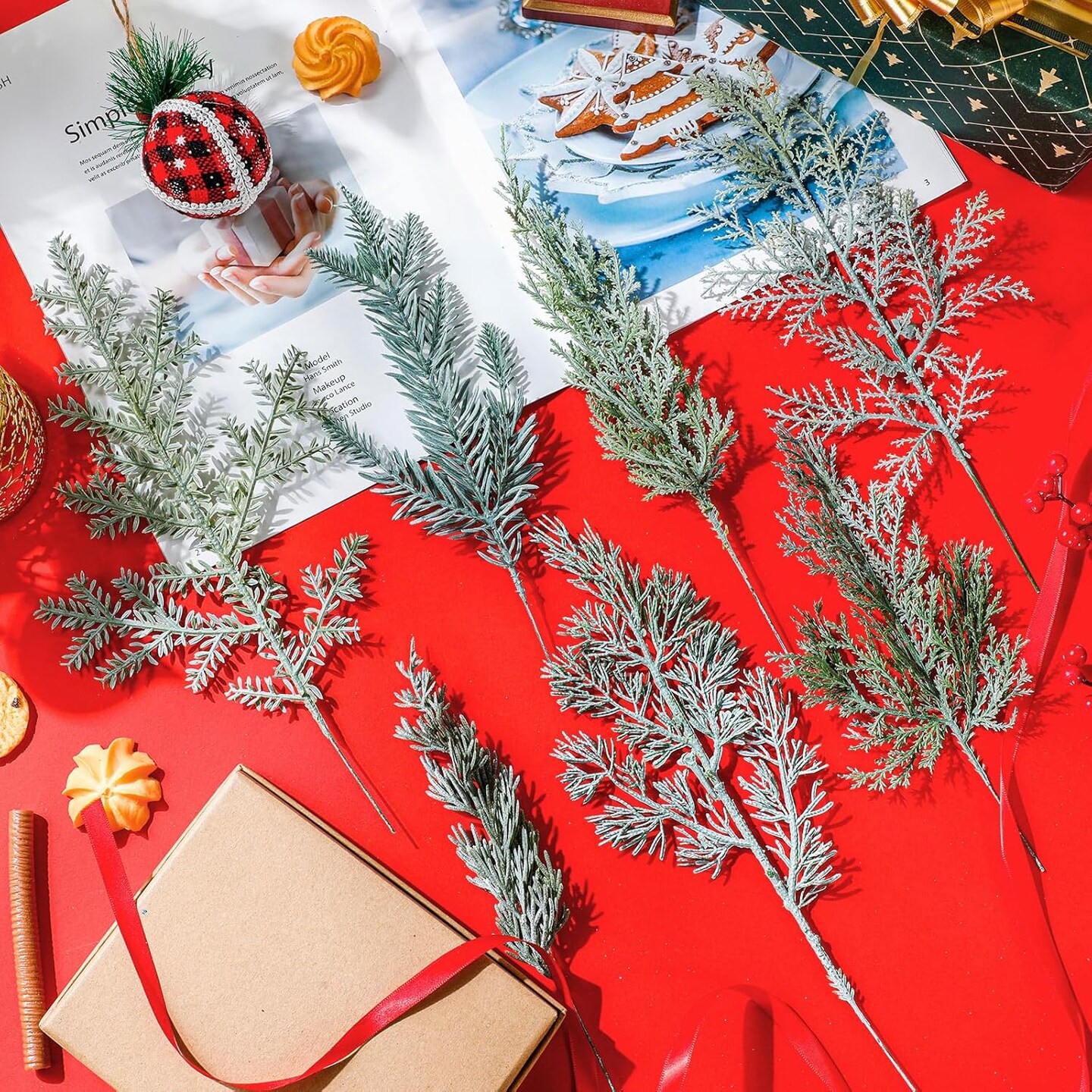 Artificial Pine Branches Cedar Flocking Pine Picks (	White)