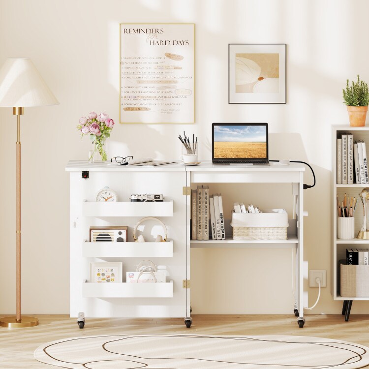 Portable Mobile Folding Sewing Cabinet with USB Charging Port and Multi-Tier Storage