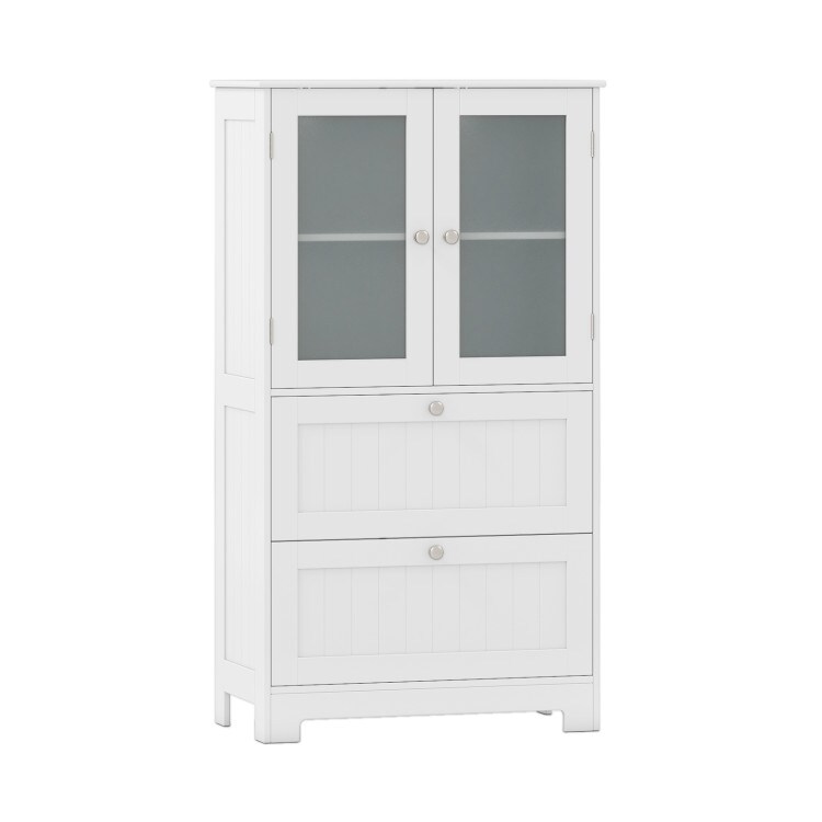 Modern Freestanding White Floor Storage Cabinet with Glass Doors 2 Drawers and Adjustable Shelves