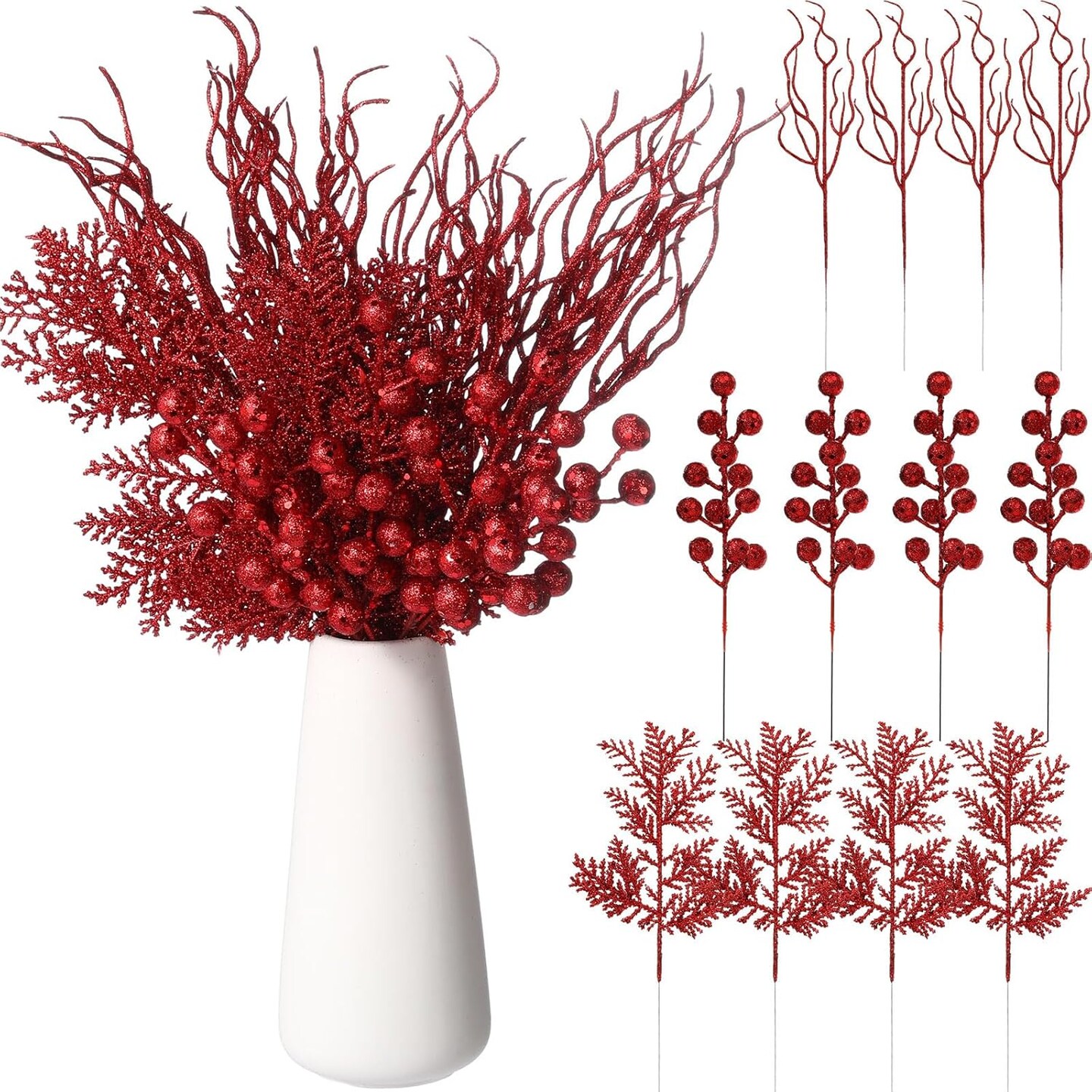 Artificial Christmas Picks Berries Stems Pine Needles(red)