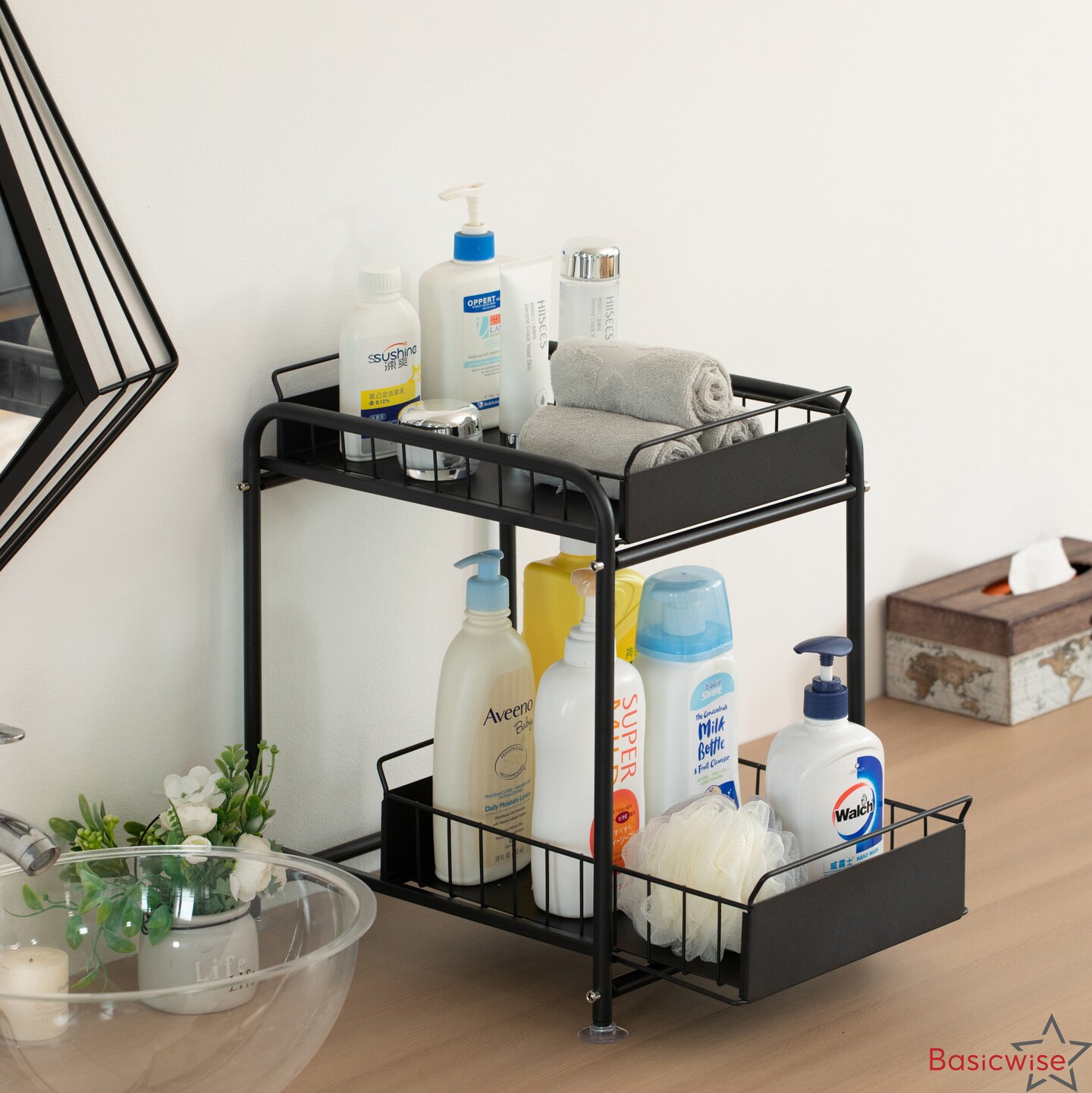 Basicwise Under Sink Organizer Sliding Wire Baskets Adjustable 2-Tier Metal Storage Rack for Bathroom Kitchen or Utility Cabinets Pull-Out Shelf for Toiletries Cleaning Supplies & Pantry Essentials