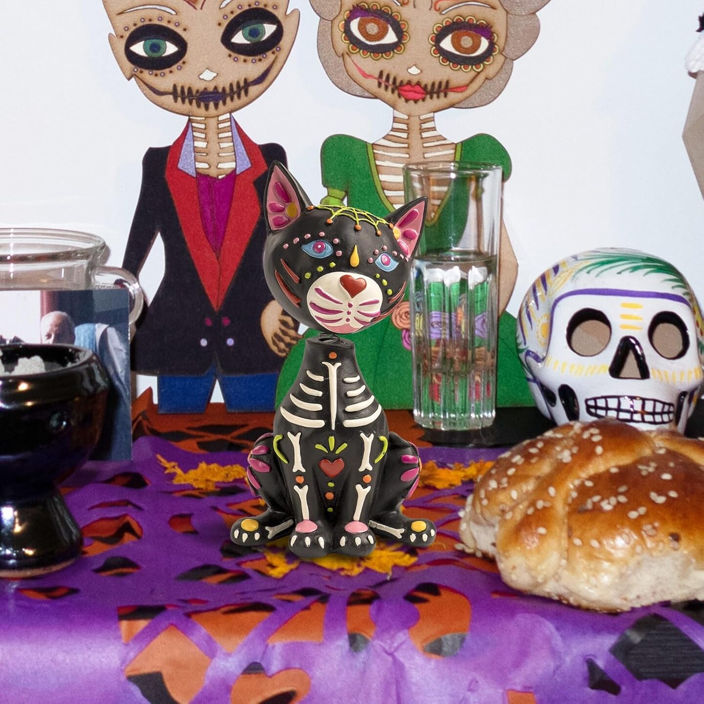 Day of The Dead Cat Figurine, 5.9&#x22; Resin Dia De Los Muertos Sugar Skull Statue Ofrenda Altar Table Top Decorations for Home