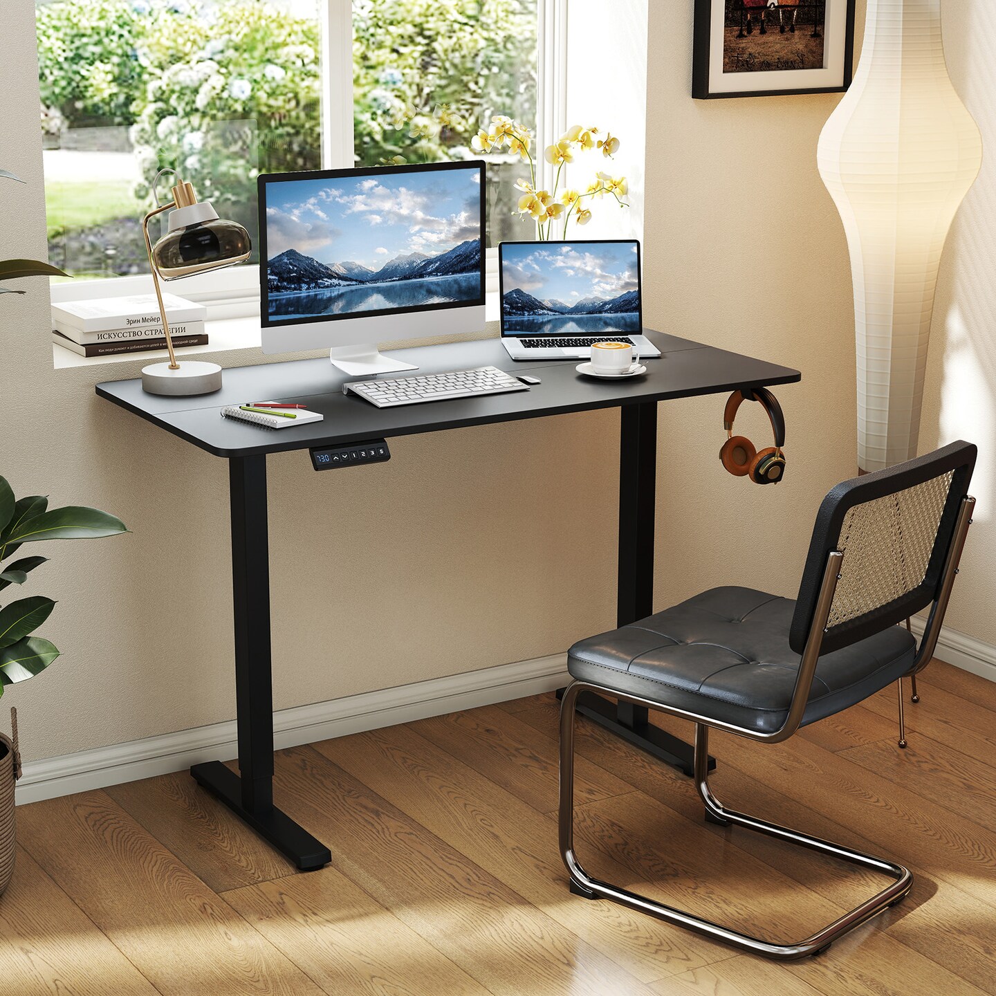 Height Adjustable Sit Stand Desk with Headphone Hook and Ties