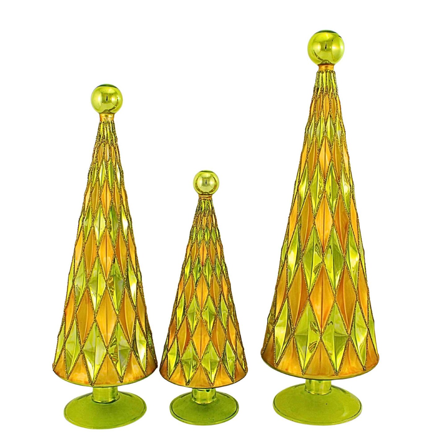 Cody Foster 14.5 Inch Diamond Trees Gold Chartreuse Christmas Decorative Tree Set , Christmas Decor Mid Century Style Reflective