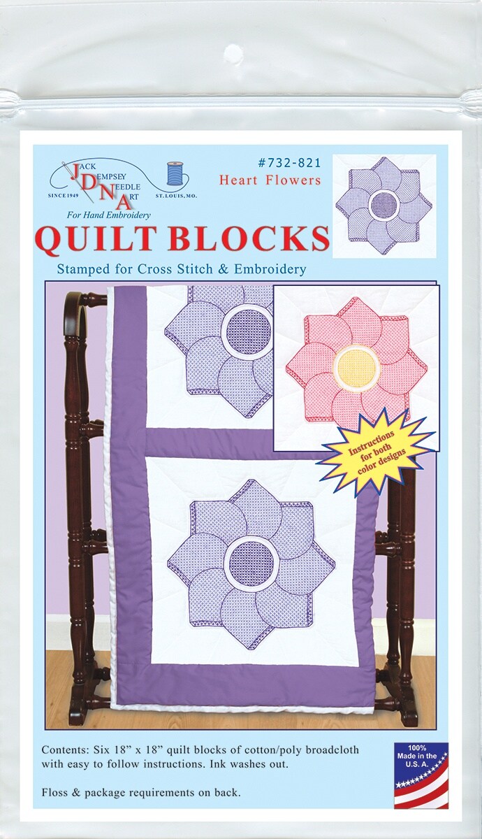 Jack Dempsey Stamped White Quilt Blocks 18"X18" 6/Pkg-Heart Flower