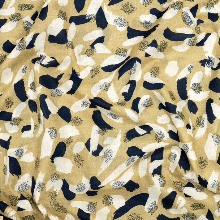 1 Yard Cotton Voile Yellow Navy and White Brushstrokes Nebulous Amalgam Print Fabric
