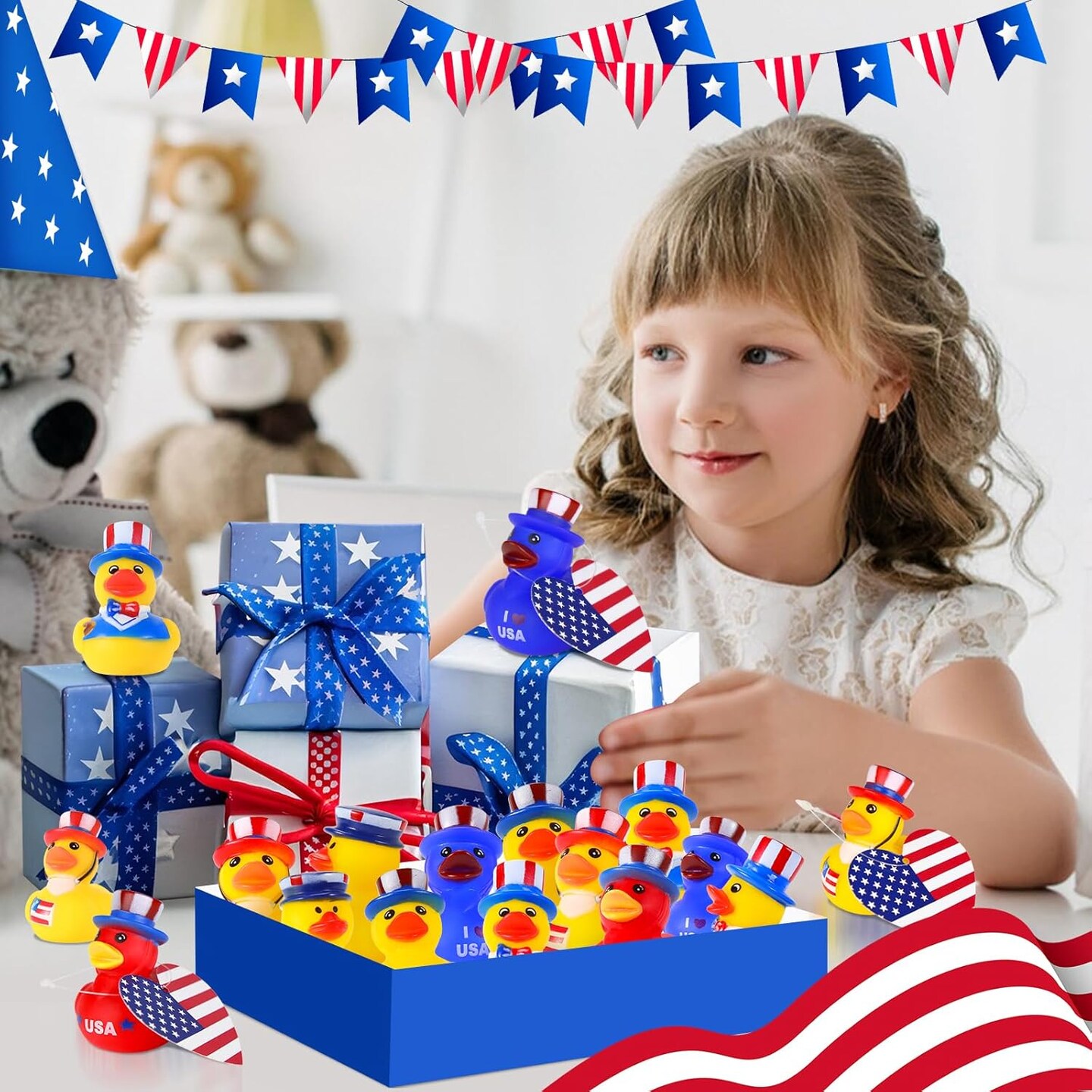 24 Pcs Patriotic Rubber Ducks, 4th of July Jeep Ducks for Ducking, Fourth of July Party Favors
