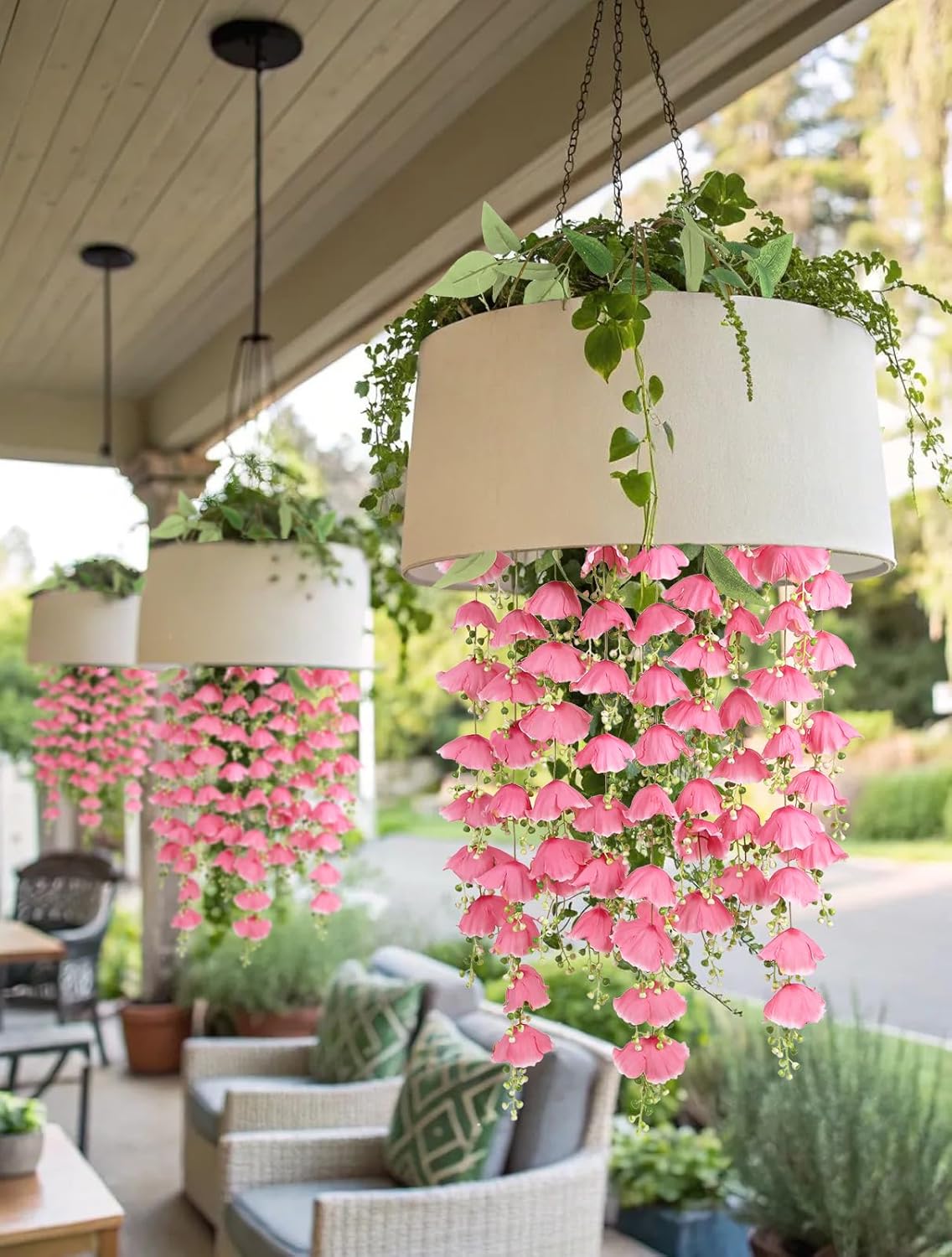 Pink Hanging Flowers Artificial Plants 3Pcs Fake Wisteria Vine Garland Decorations(Pink)