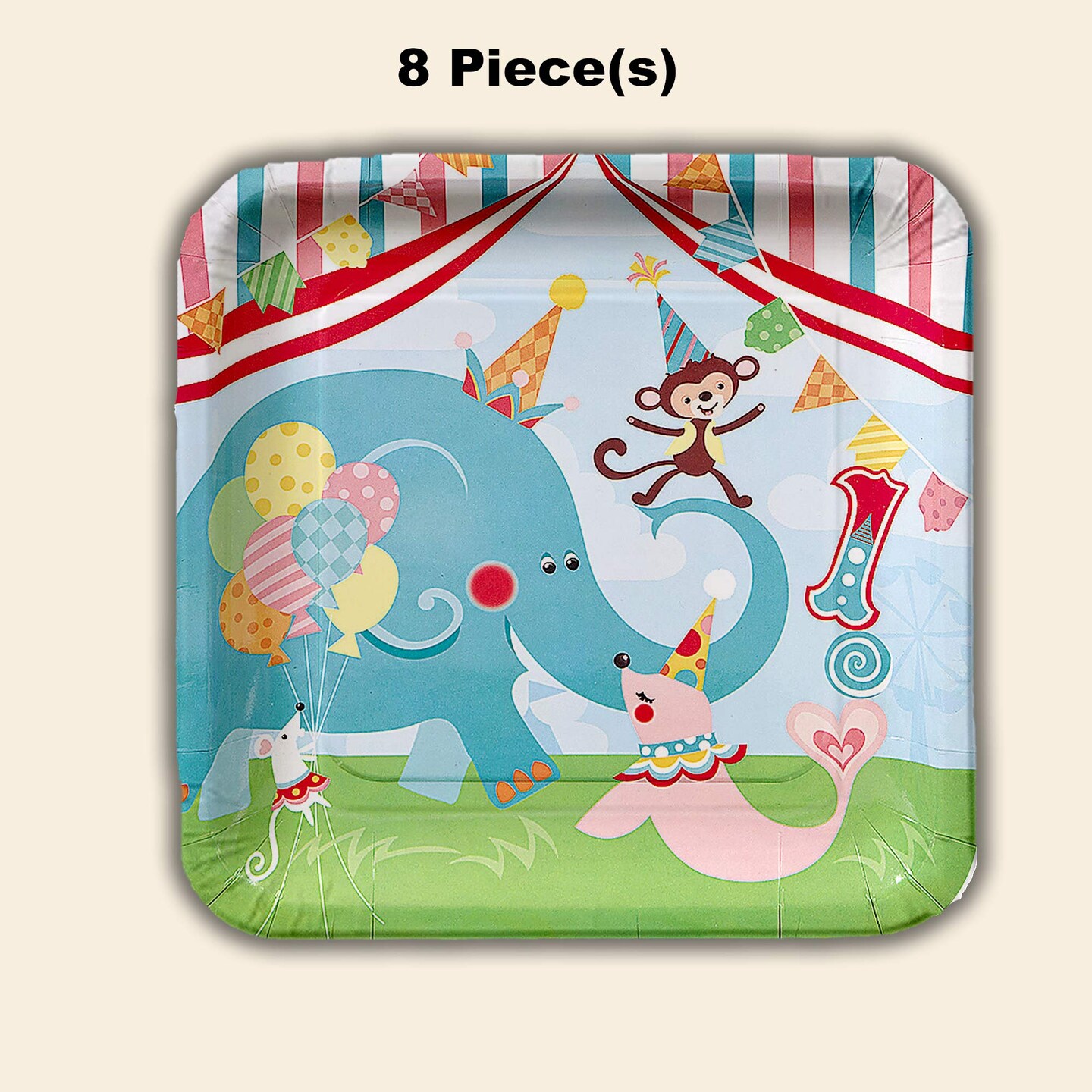 8 Ct.1st Birthday Circus Party Paper Dinner Plates Colorful Animal Themed Tableware 9.25 Inch