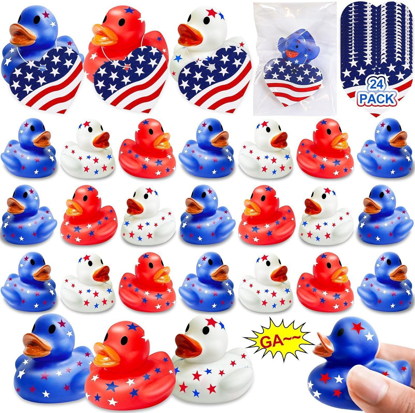 24 Pack 2'' Patriotic Rubber Duck with Cards 4th of July Party Favors Baby Bath Toys