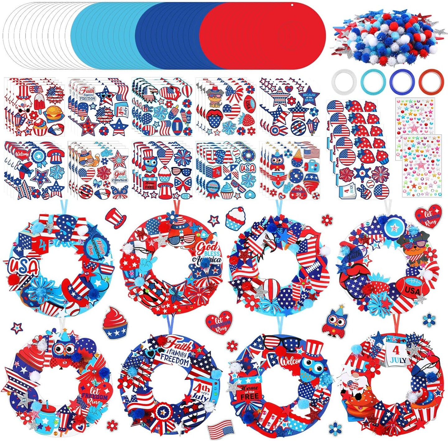 48-Set DIY 4th of July Wreath Craft Kit – Patriotic Red, White & Blue Paper Wreaths with Stickers for Independence Day, Memorial Day & Party Activities