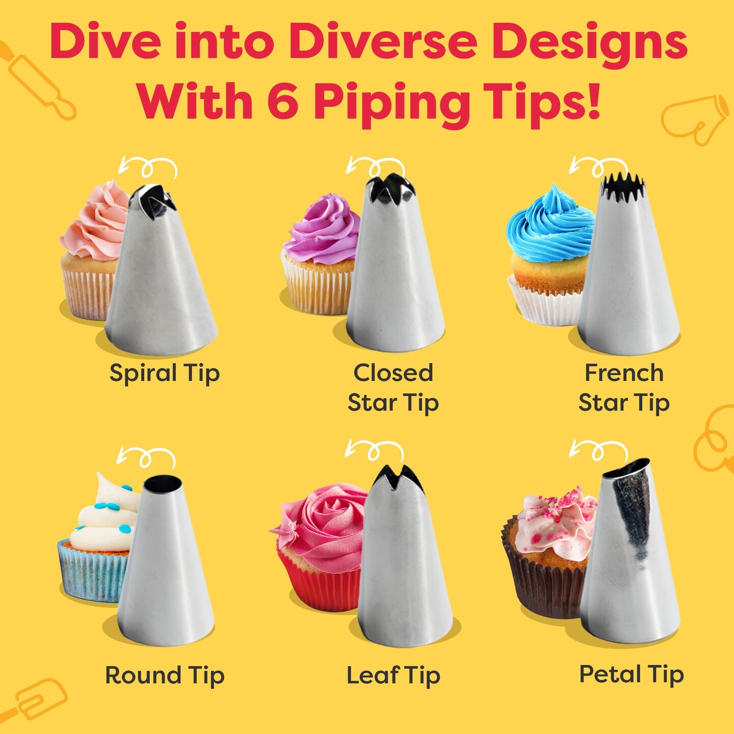 BAKETIVITY Frosting Piping Bags and Tips Set for Decorating Cakes, Cupcakes &#x26; More - Frosting Piping Kit with 3 Reusable &#x26; 30 Disposable Icing Bags, 6 Piping Tips, 3 Bag Ties &#x26; 1 Duo-Color Coupler