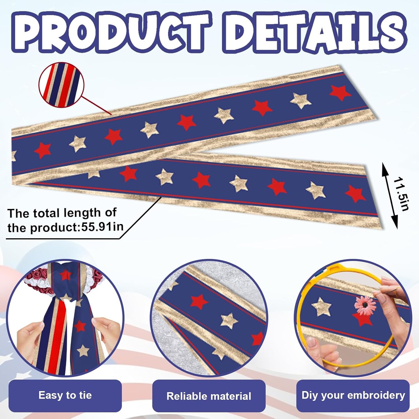 Patriotic Wreath Sash for Front Door Sash (56'' x 4.5''), (Brown)