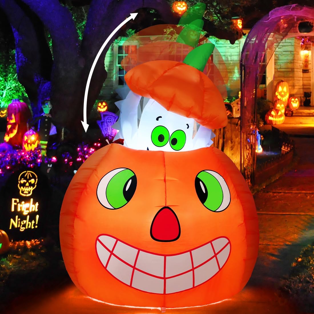 GOOSH 5 FT Halloween Inflatables Animated Pumpkin Ghost Blow Up with Built-in LEDs