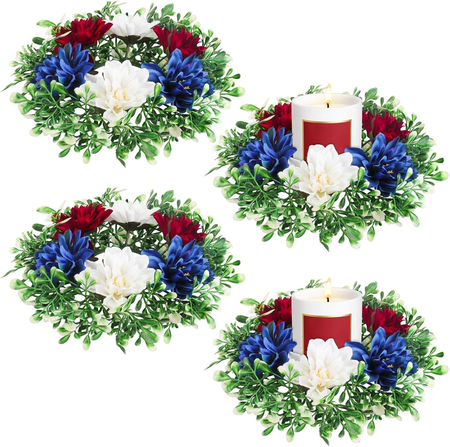 4 Pcs Patriotic Candle Rings Independence Day Artificial Flower Wreath Red Blue White Candle Holder