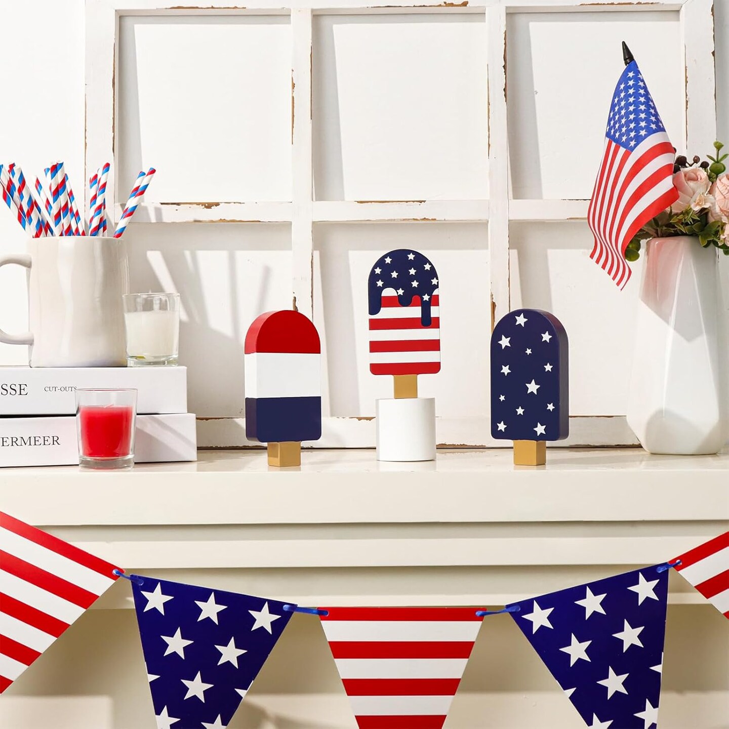 4PCS 4th of July Tiered Tray Decor Set – Patriotic Wooden Popsicle Signs with Rustic Red White Blue American Flag Design for Independence Day, Memorial Day, Veterans Day & Farmhouse Table Decorations