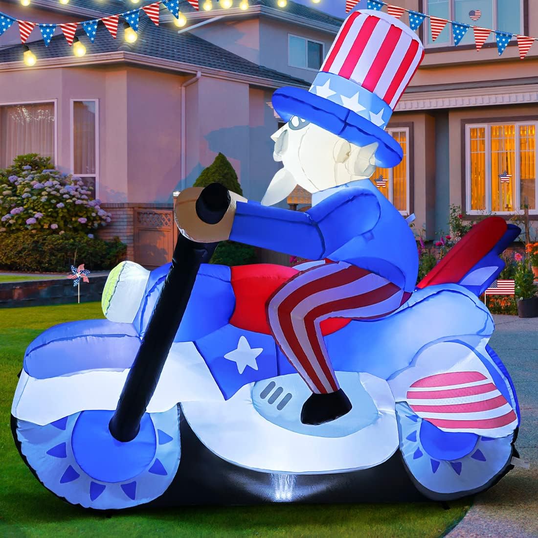 GOOSH 6.4FT Long 4th of July Patriotic Inflatable Uncle Sam on Motorcycle Independence Day Yard Decorations Built-in LEDs