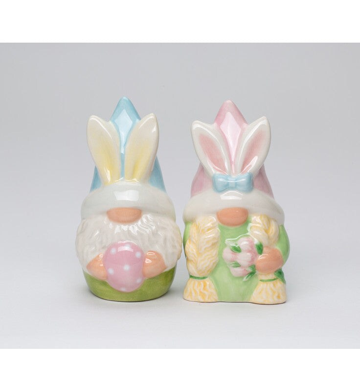 Ceramic Easter Bunny Gnome Holding Egg Salt and Pepper Shakers, Easter Decor, Fairy Garden Decor, Spring Decor, Gnome Collector Gift