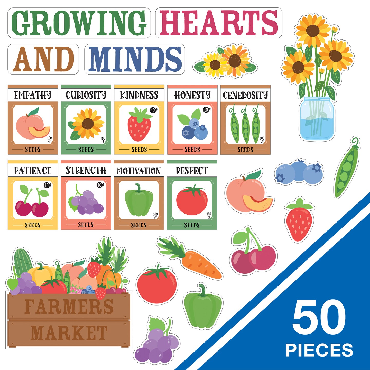 Carson Dellosa Growing Hearts and Minds 50pc Prepunched Bulletin Board Set, Encourage Positivity, Farmers Market Theme Decorations for Homeschool and Classroom Decor