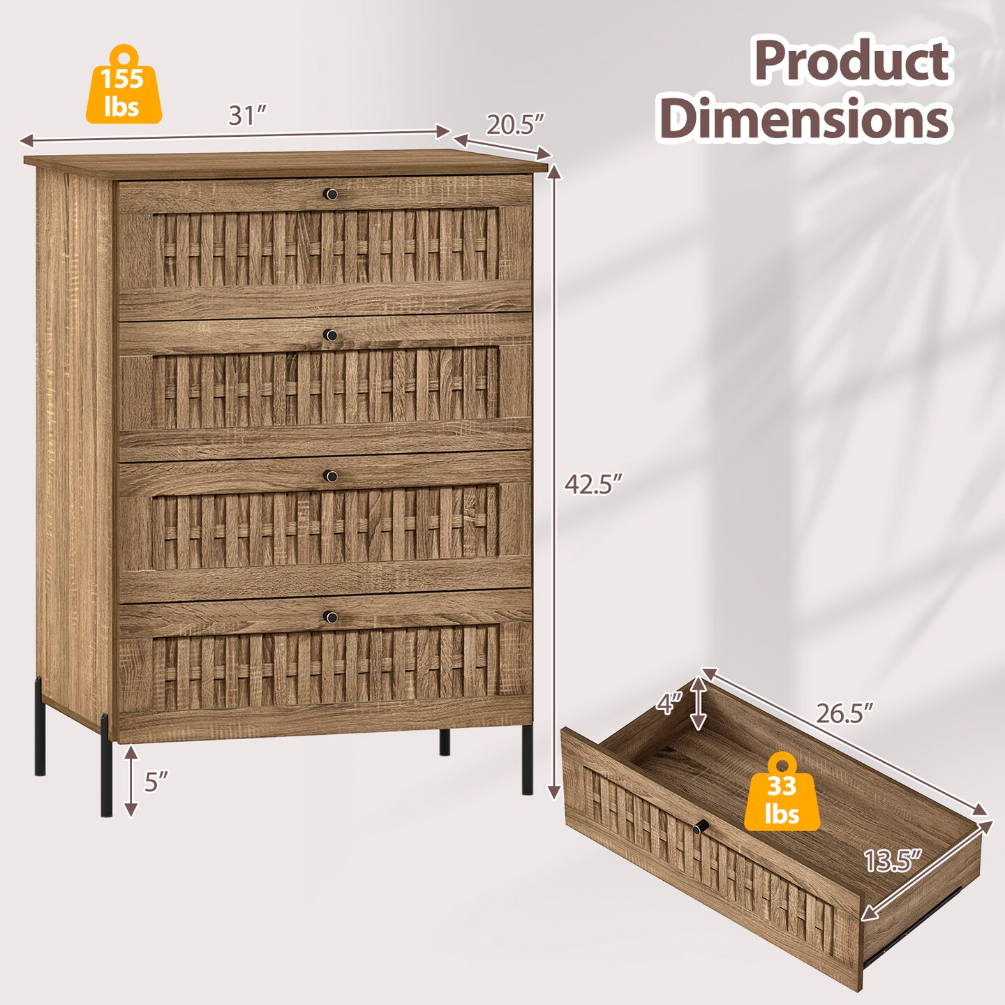Oak 4-Drawer Dresser with Interlocking Mechanism and Metal Legs for Bedroom