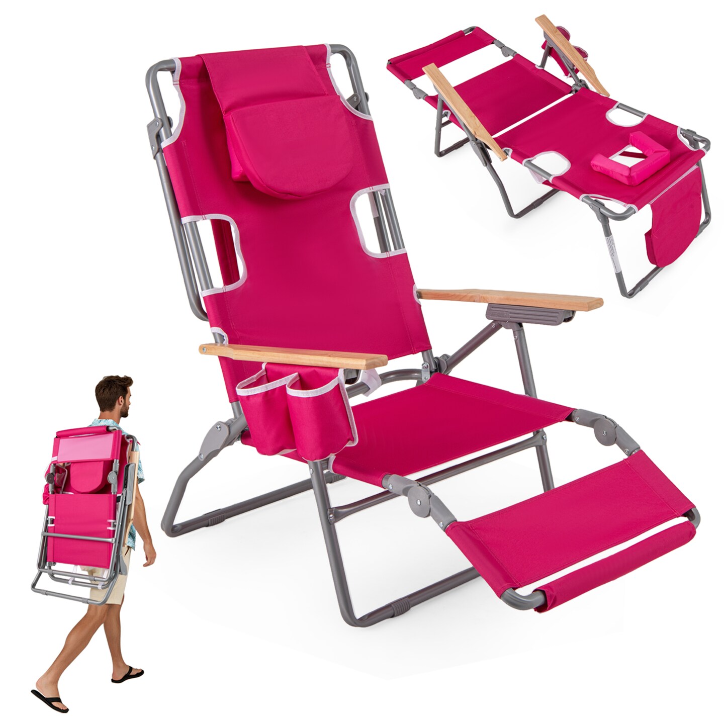 Face Down Folding Beach Chair 3 in 1 Adjustable Recliner with Face Hole