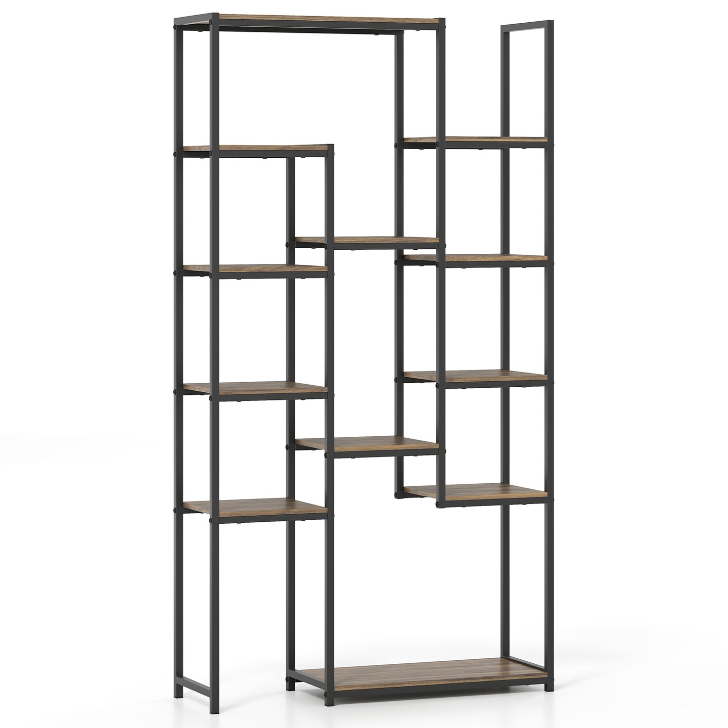 Walnut Vintage Geometric Bookshelf 12 Open Shelves 71-Inch Height