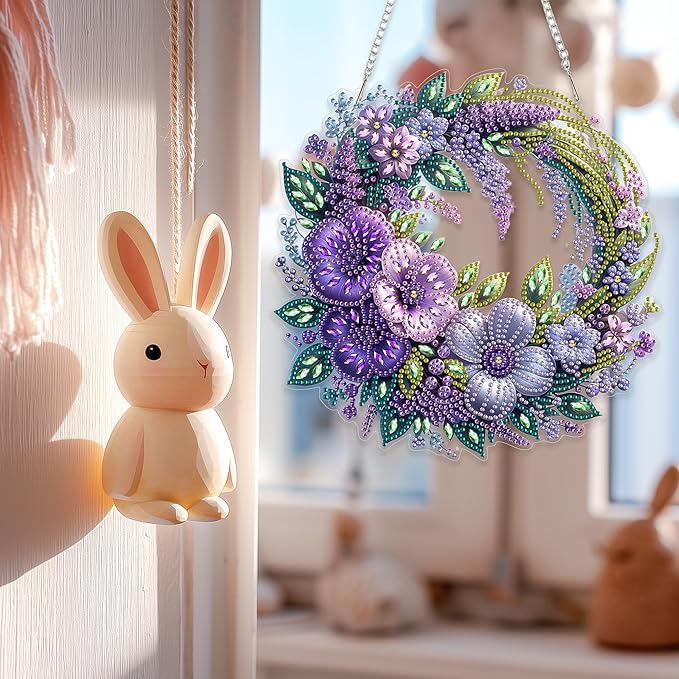 Spring Diamond Art Hanging Kit for Adults, DIY Diamonds Painting Door Hanging Board Kit, Special Crystal Diamond Art Painting Pendant Ornament (Flower Wreath)