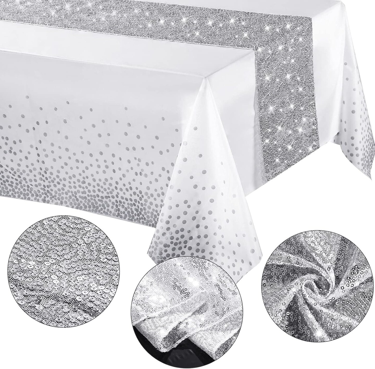 Tablecloth and Sequin Table Runner Set Polka Dots (White, Silver) 108"L x 12"W