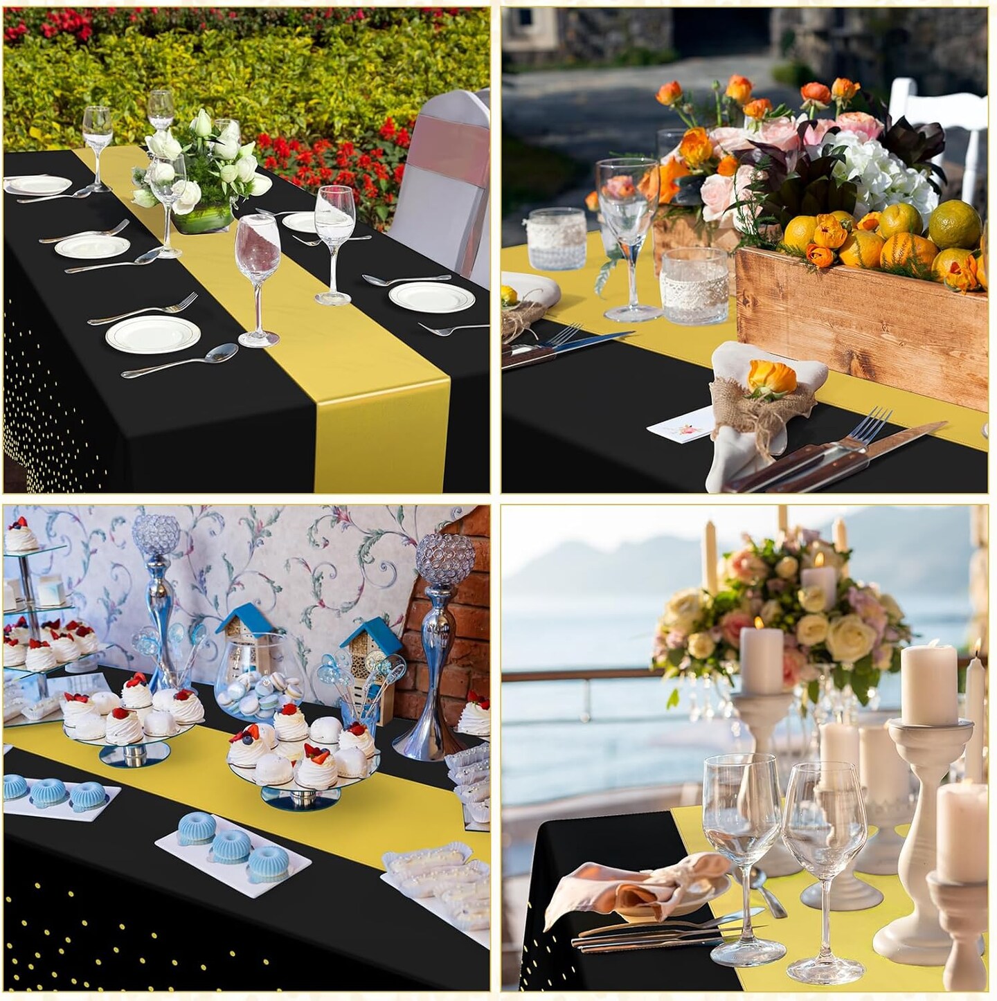12 Pack Black and Gold Tablecloth and Table Runner Set