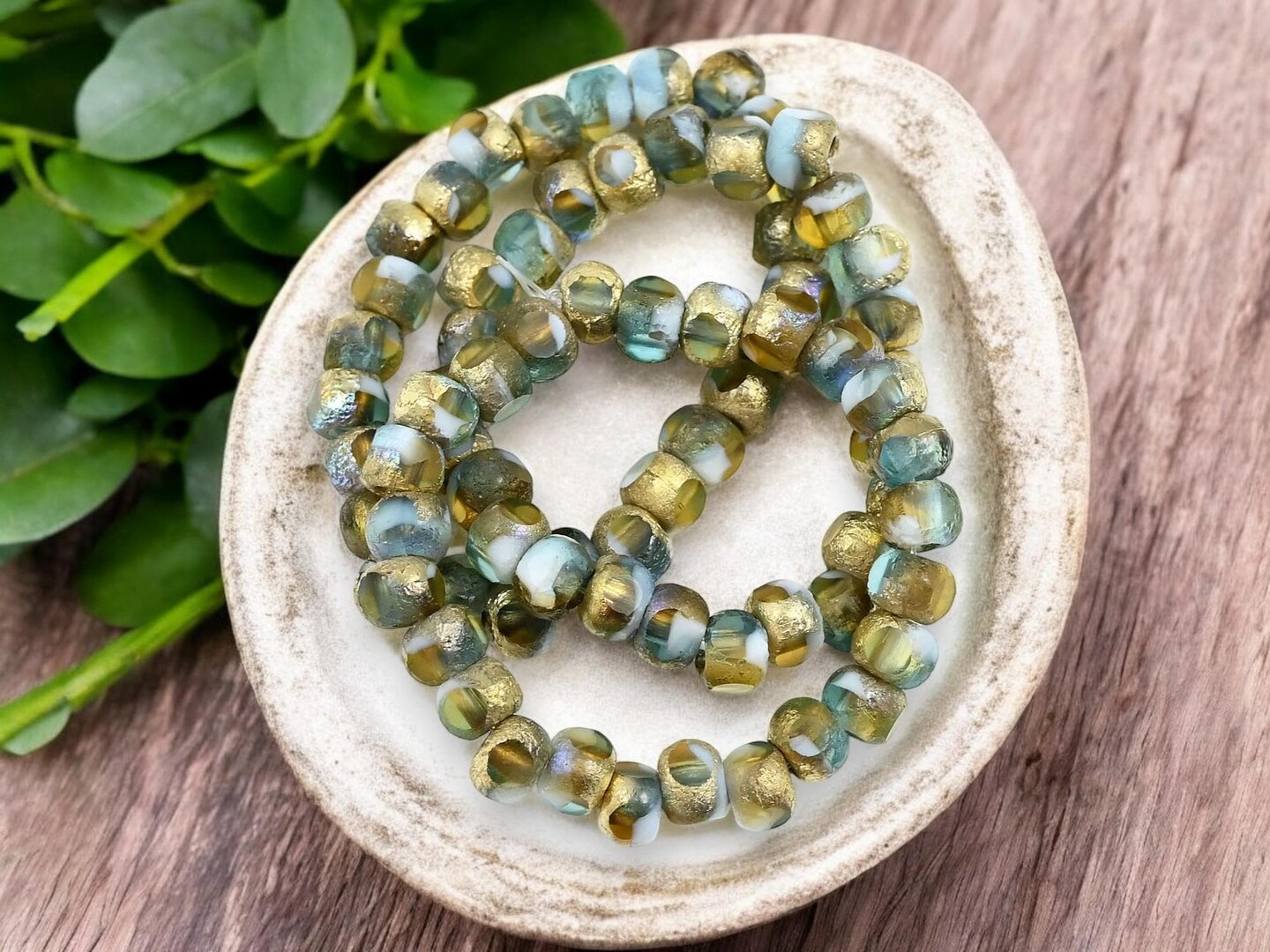 *25* 5mm Gold AB Etched Blended Topaz Aqua + White Trica Beads