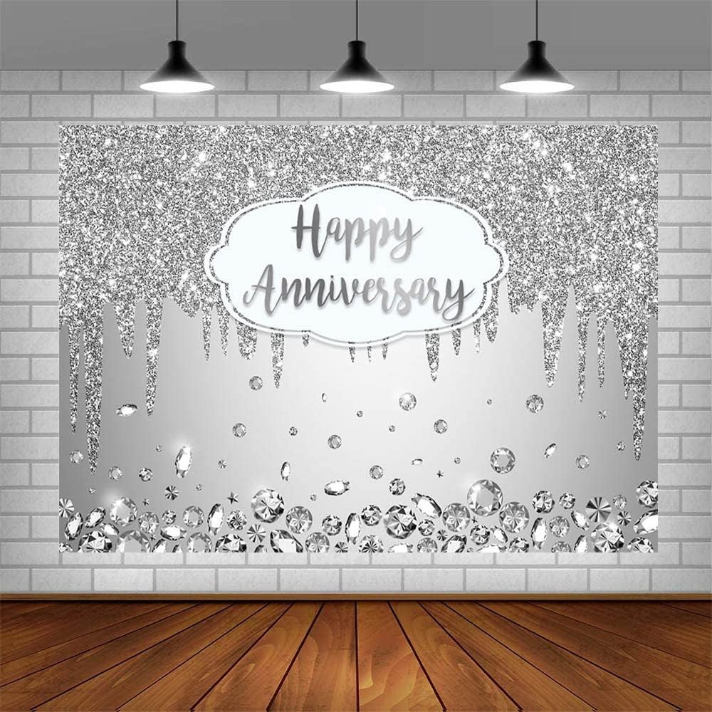 7x5ft Happy Anniversary Backdrop Silver Dripping Glitter Crystals