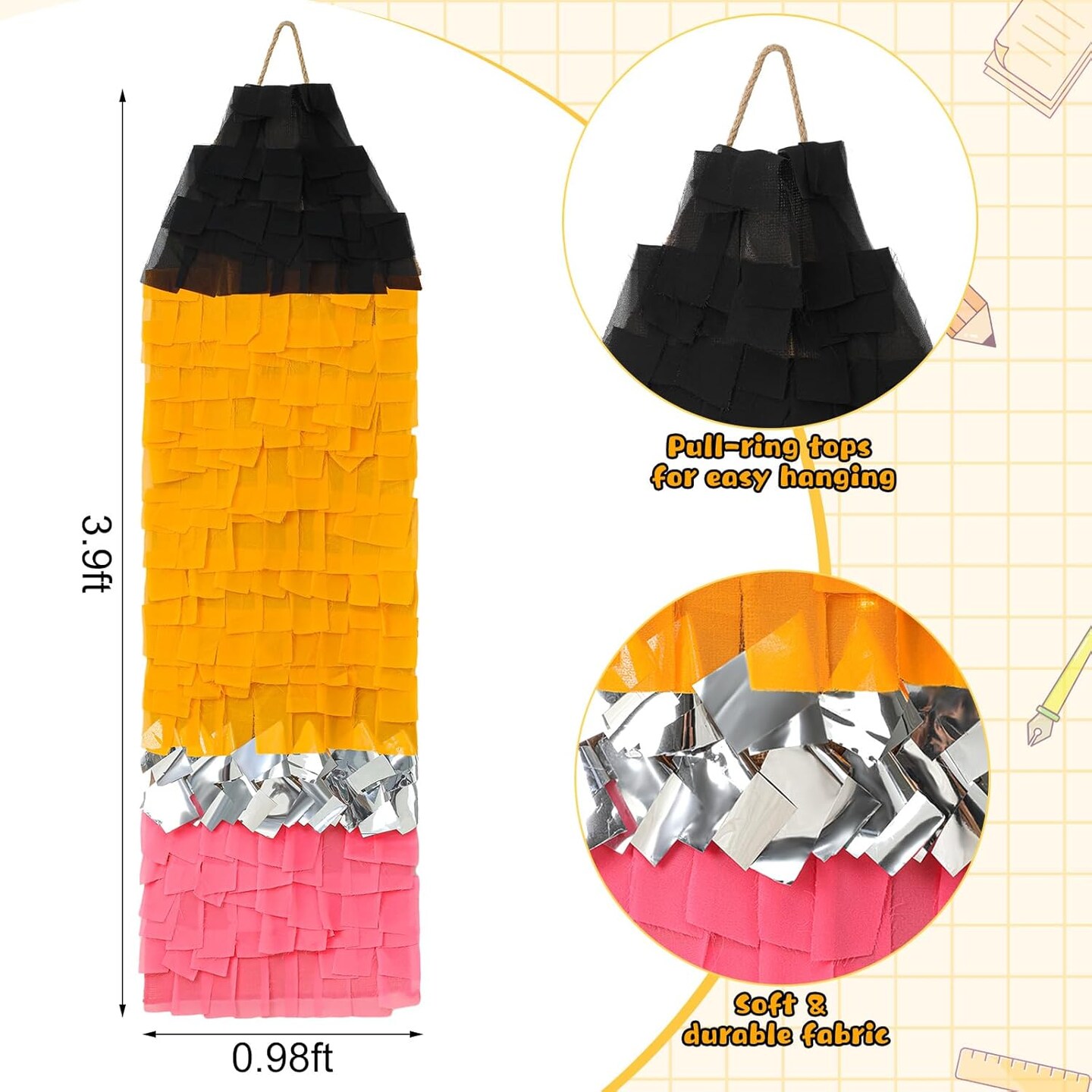 4.9 ft Classroom Pencil Decor Wall Hanging Fringe Reusable First Day of School Decorations