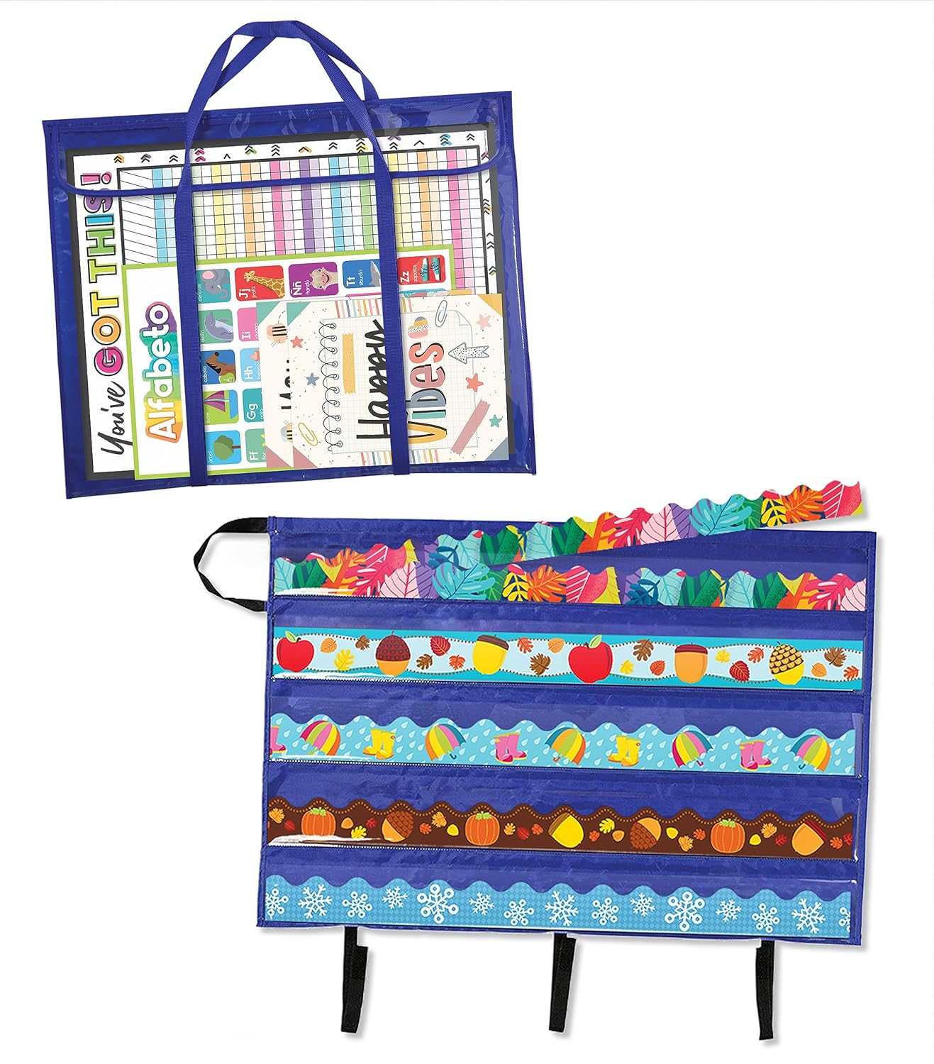 Teacher Bulletin Board Border and Bulletin Board Storage Pocket Charts Pack (Deluxe Border and Bulletin) 30"L x 24"W