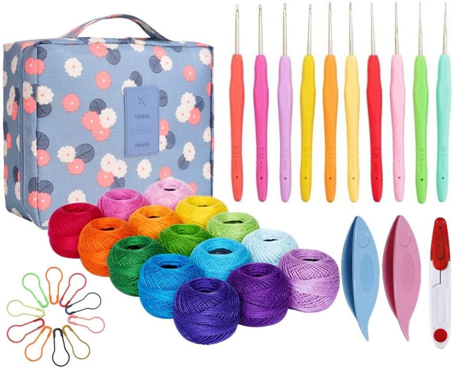 15 Crochet Thread Balls & 10 Lace Crochet Hooks with Storage Bag (Multicolor) 9.8 x 7.9 x 1.97 inches