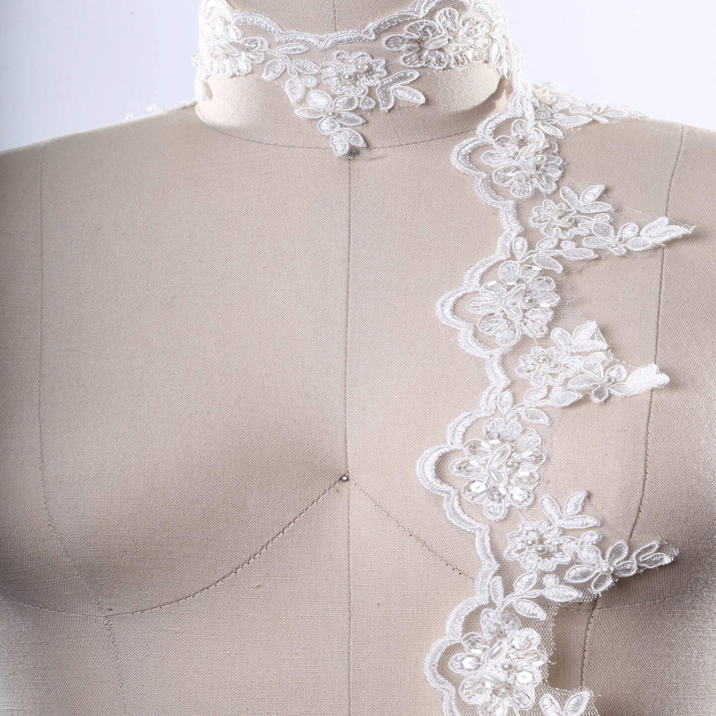 1 Yard Ivory Beaded Arch Style Bridal Lace Trim 2.25 Inch Pearl Veil Edging