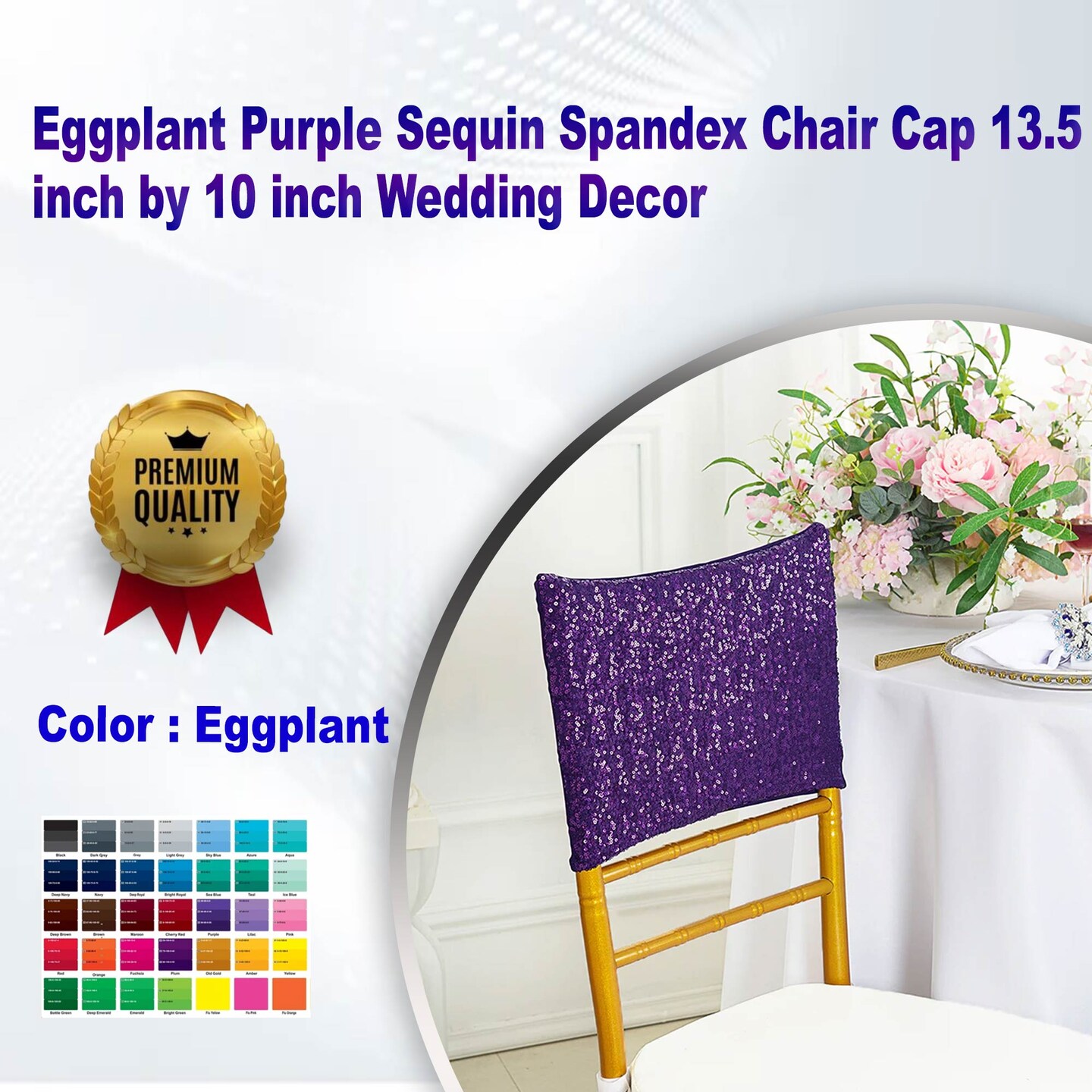 1 Piece Eggplant Purple Sequin Spandex Chair Cap 13.5 inch by 10 inch Wedding Decor