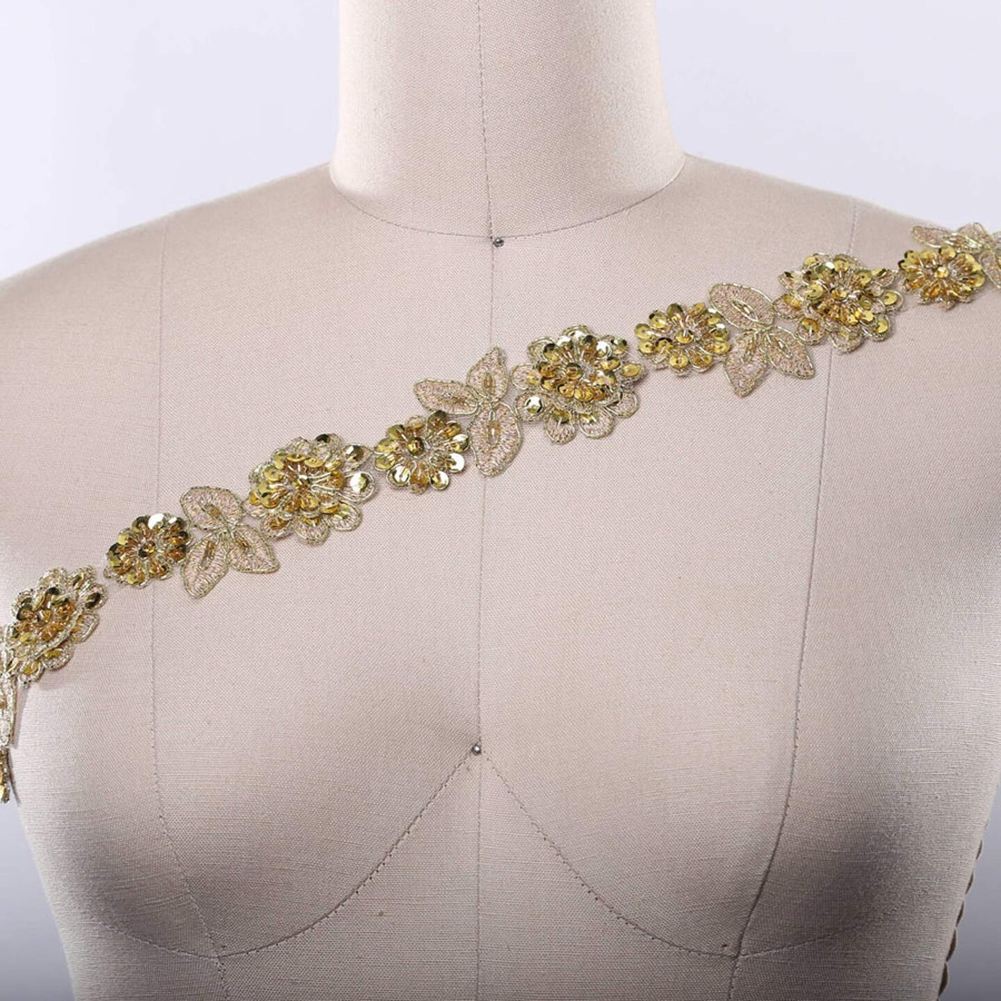 Gold Beaded 3D Flower Lace Trim 1.75 Inch Wide Leaf Design Half Yard