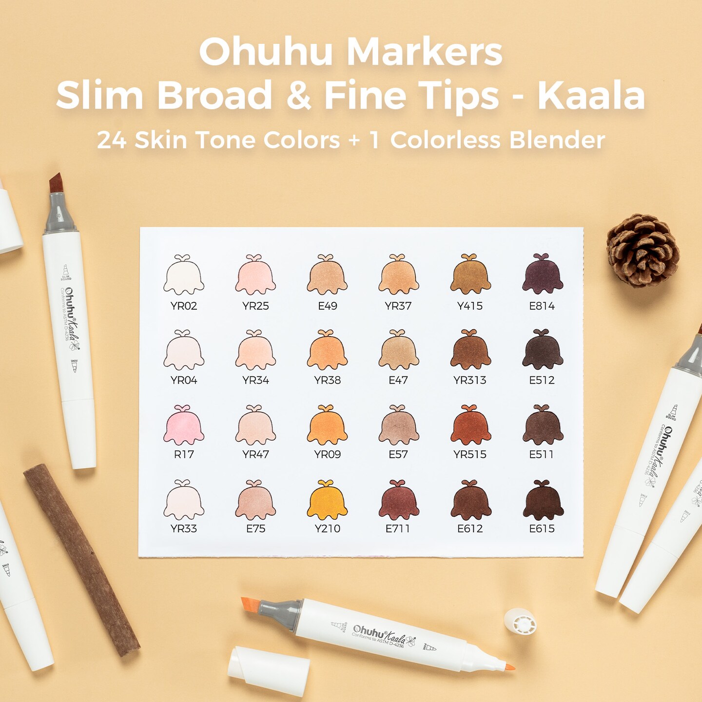 Ohuhu Skin Tone Markers- Slim Broad and Fine Double Tipped Alcohol Marker Set for Artists Adults Coloring Professional Illustration Fashion Design - 24 Portrait Colors - Kaala Markers Ink Refillable