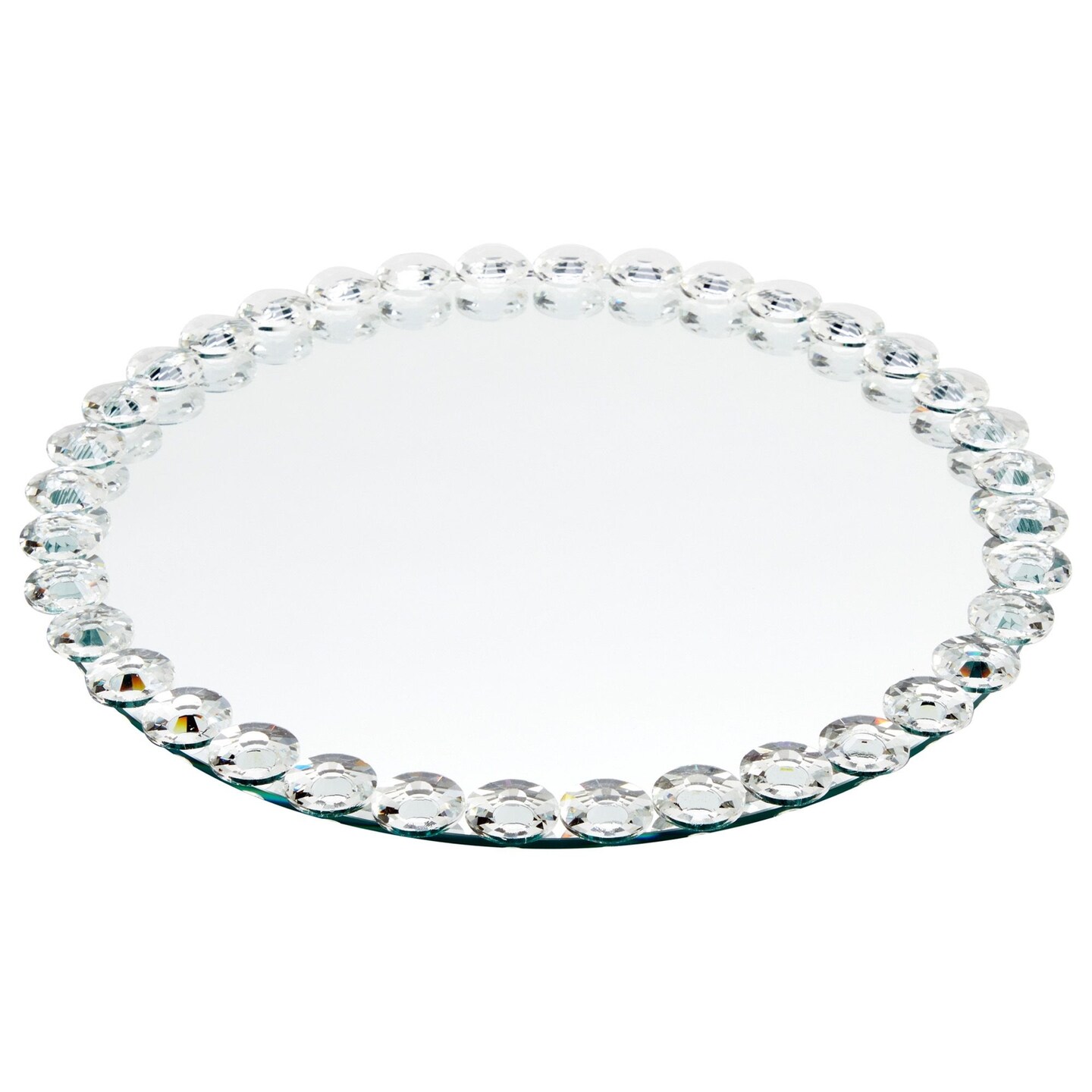Okuna Outpost 12 in Crystal Bead Round Mirror Tray to Display Perfume, Jewelry, Candles, Bling Serving Tray for Bathroom, Living Room, Office, Vanity, Home Decor