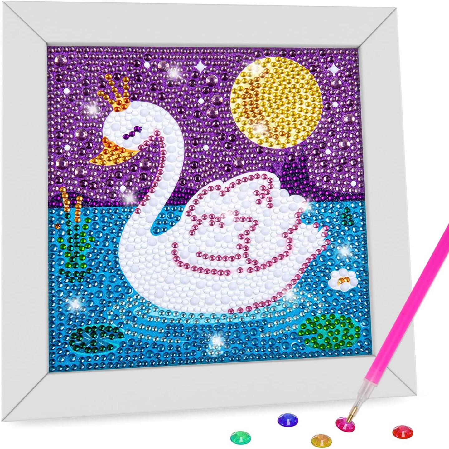 Diamond Art Kits with Wooden Frame – DIY Swan Gem Art for Kids & Adults, Easy Craft Kit for Home Wall Decor