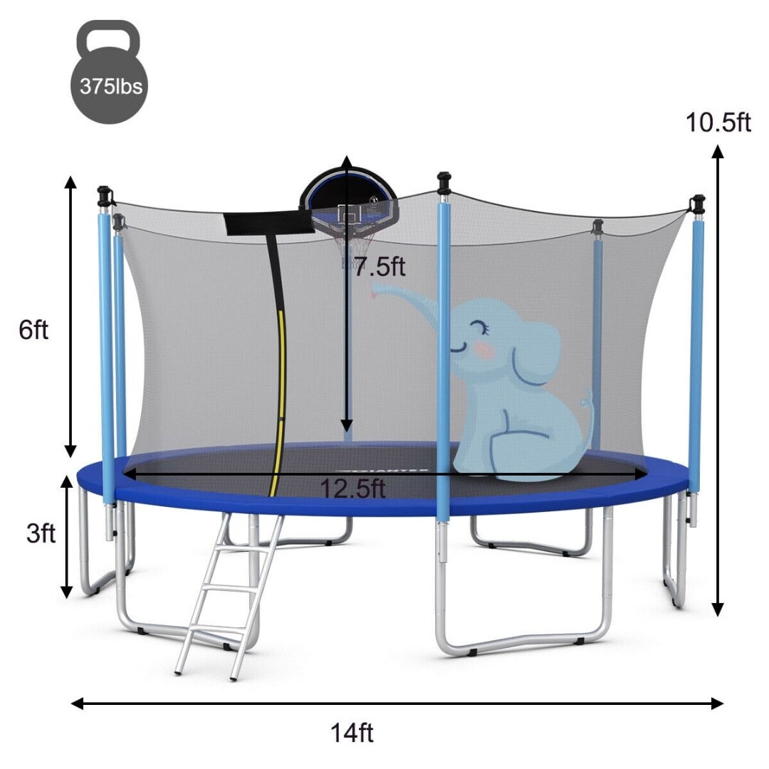 14 Feet Outdoor Trampoline with Safety Enclosure Net Basketball Hoop Ladder and Heavy-Duty Frame