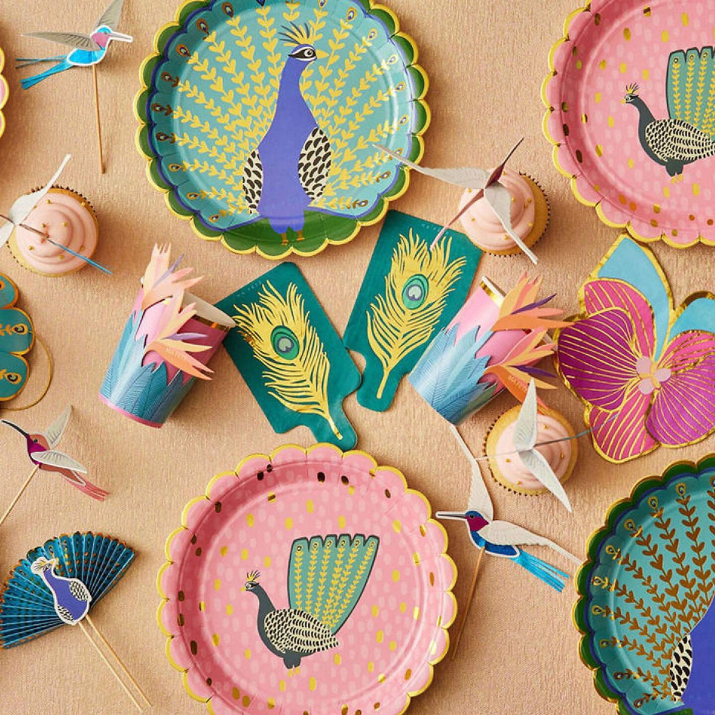 8 Count Ma Fete Tropical Peacock Theme Paper Dinner Plates Gold Foil Edge 9 Inch