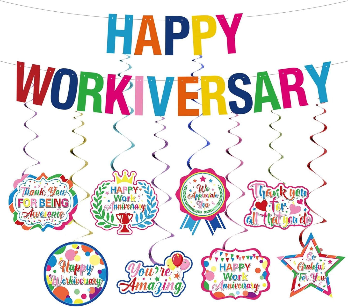Work Anniversary Decorations - 1 Pc Banner & 8 Pcs Hanging Swirls (Colorful) 1"L x 1"W