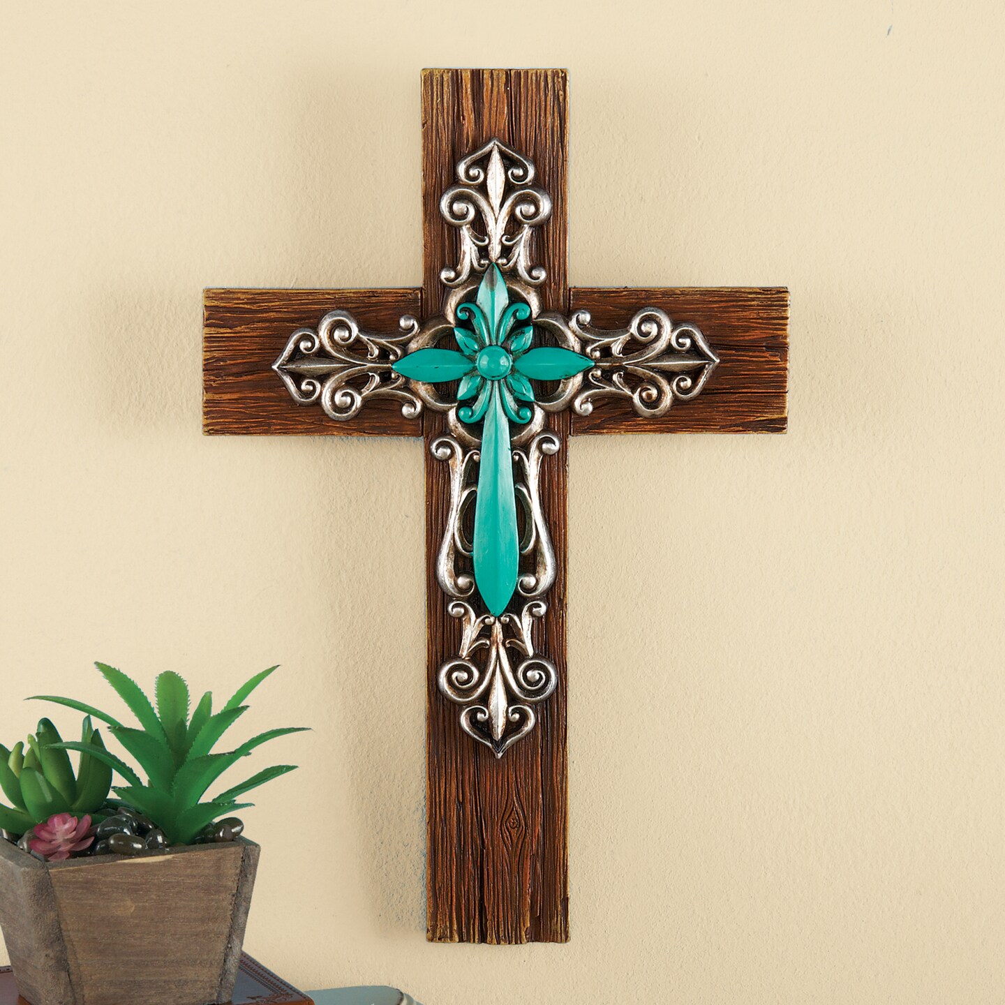 Collections Etc Wood Grain Texture Turquoise Scrolling Silver Wall Cross