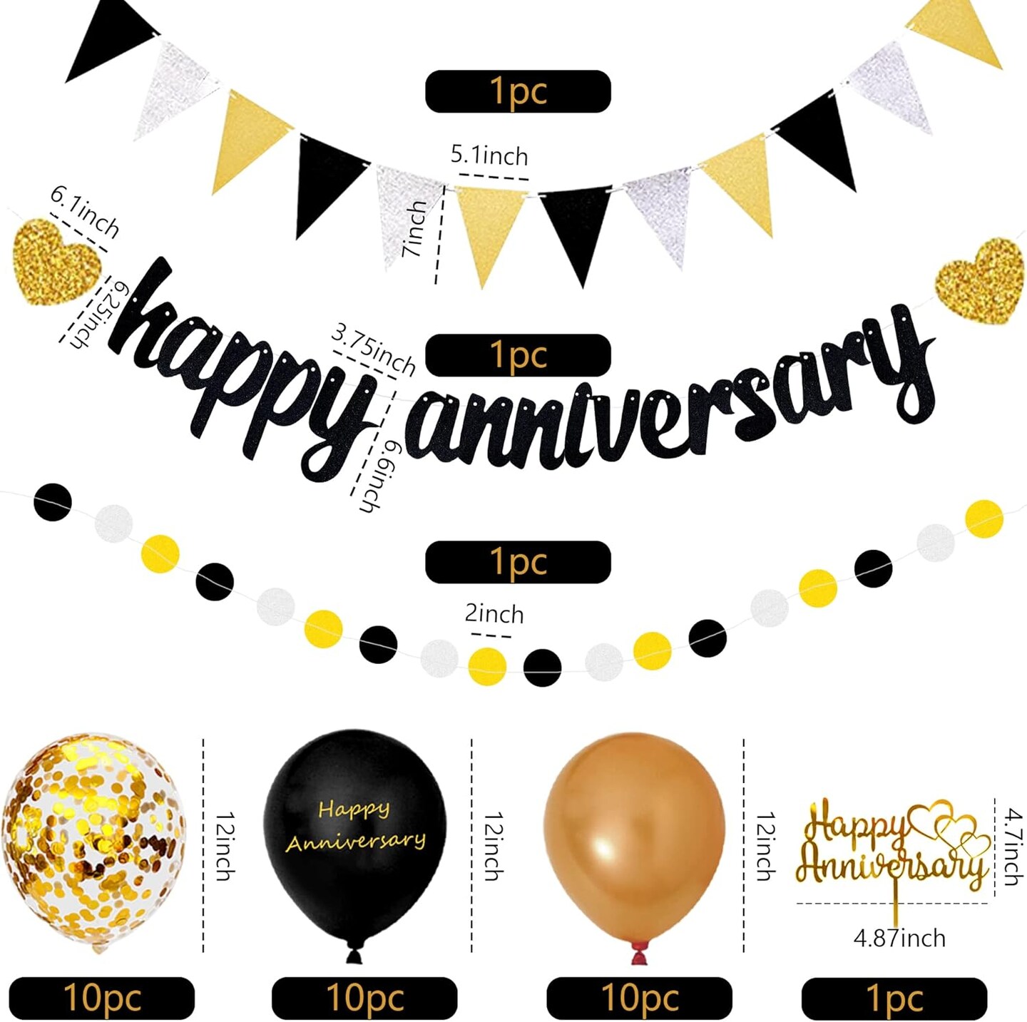Happy Wedding Decorations – Gold & Black Banner, Cake Topper, Balloons & Hanging Decor (Gold)