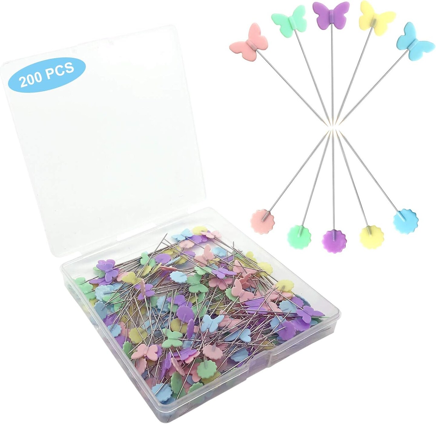 200pcs Sewing Pins Flat Head Straight Pins with Butterfly (Butterfly and Flower)